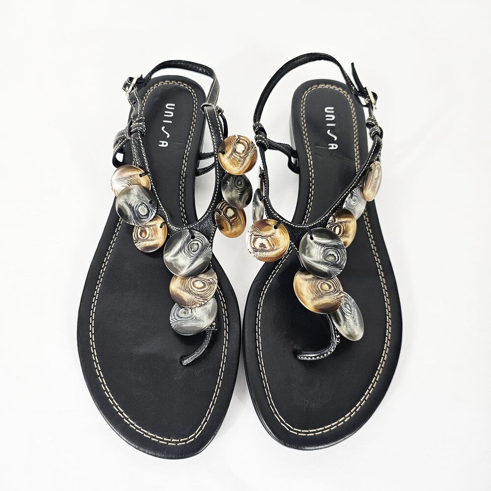 Unisa Size 10 Shells Black Strappy Thong Sandals